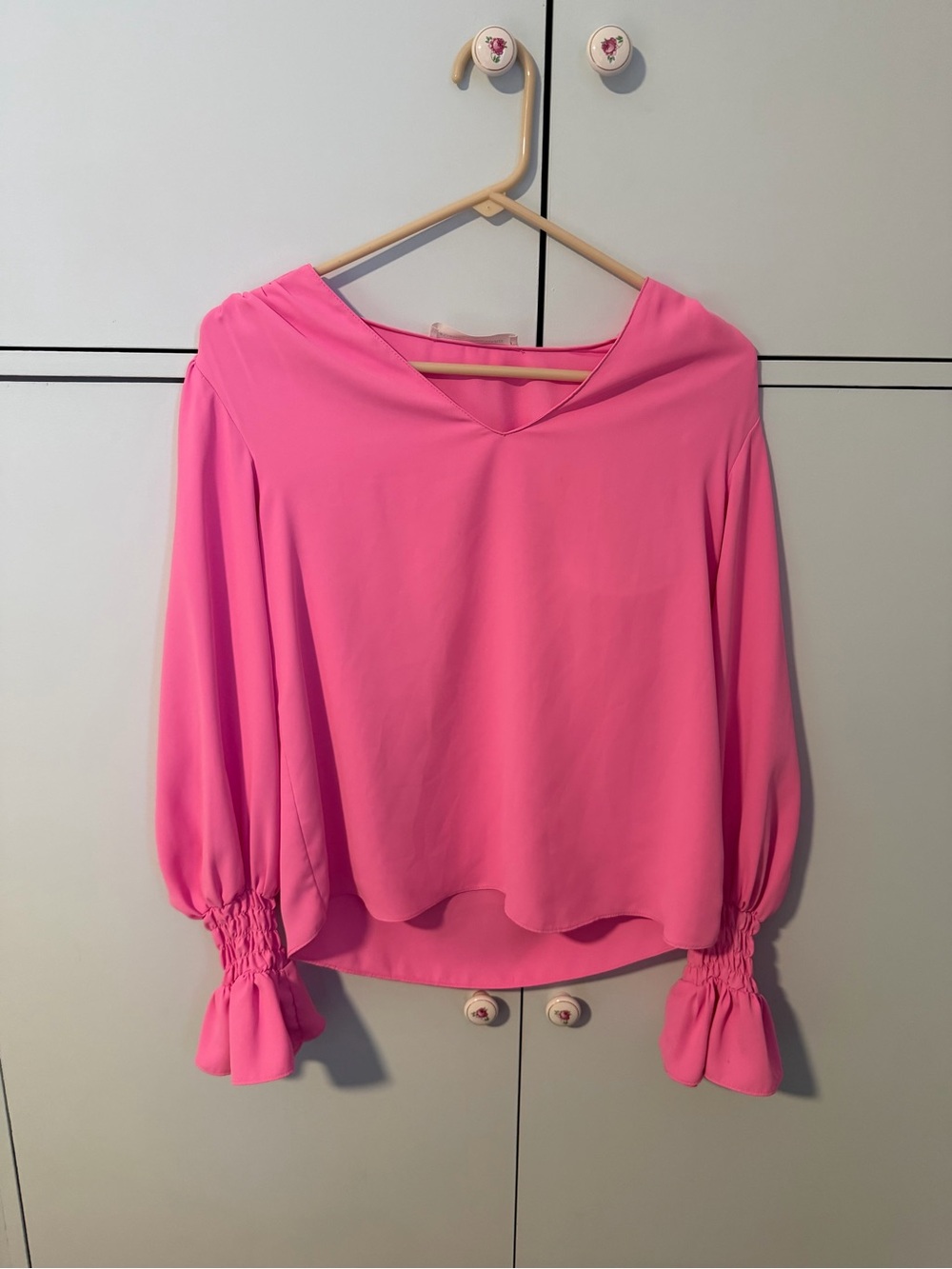 Amanda Uprichard Hot Pink V-Neck Long Sleeve Blouse